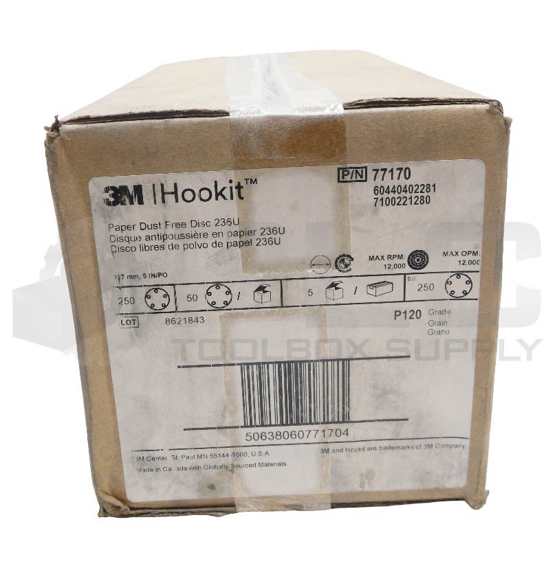 NEW SEALED BOX OF 250 3M 77170 HOOKIT PAPER DUST FREE DISC 5″ 127MM P120 GRIT