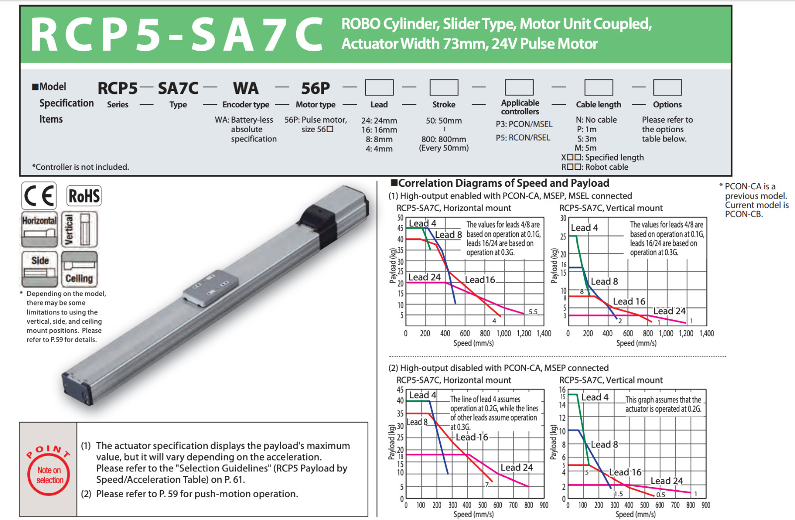 IAI RCP5-SA7C-WA-56P-4-200-P3-S-V 24VDC 200mm Stroke Linear Actuator 45kg paylod