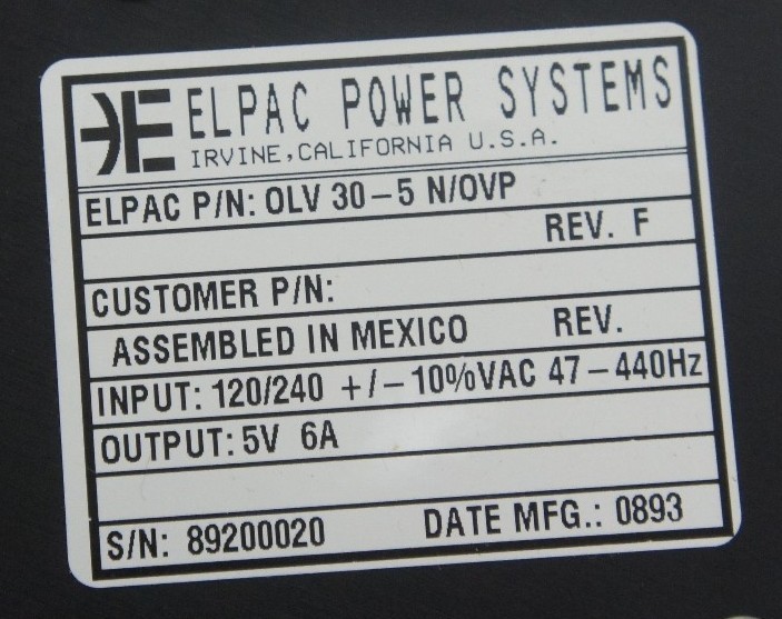 NIB ELPAC POWER SYSTEMS OLV 30-5 N/OVP POWER SUPPLY REV F 120/240VAC OLV305