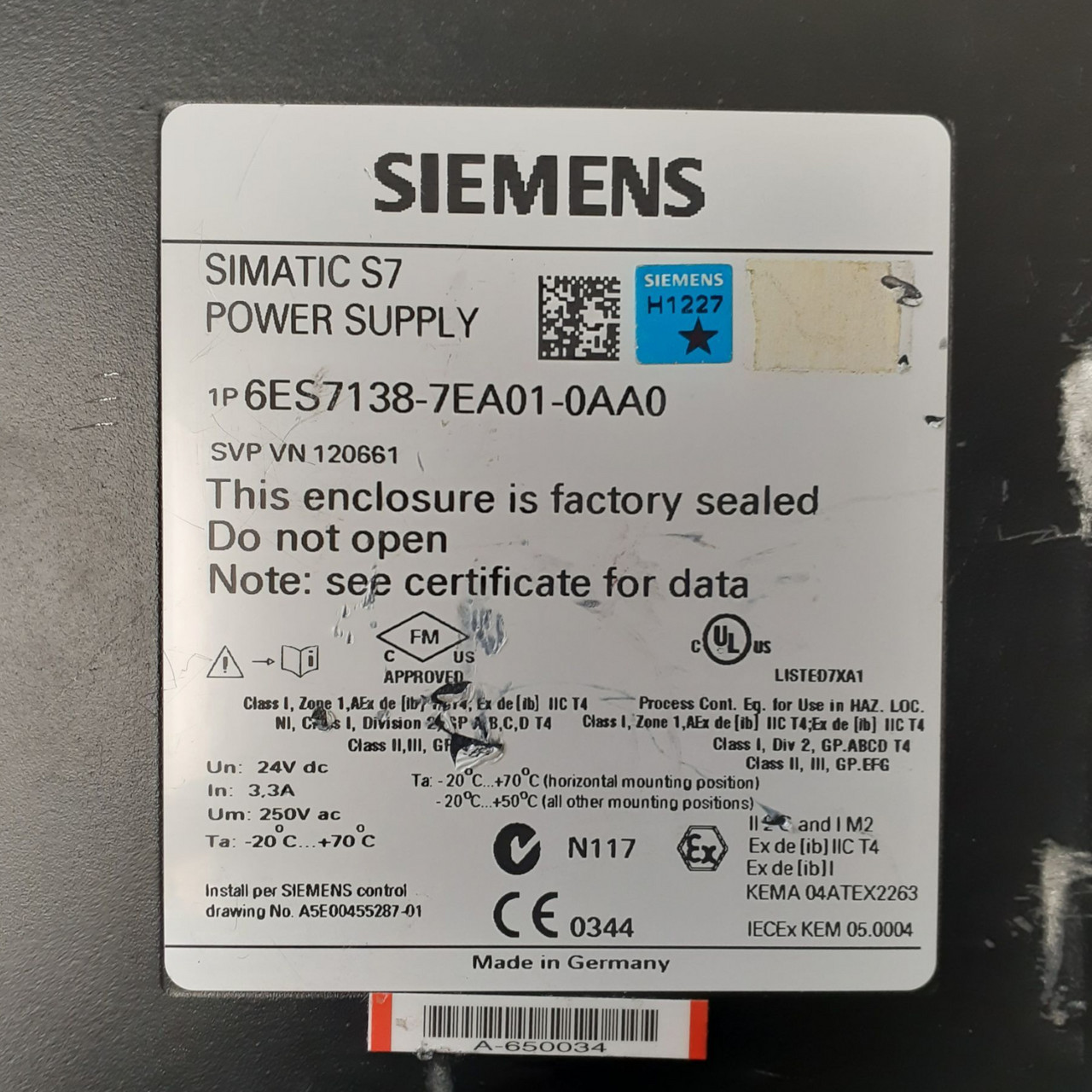 Siemens Simatic S7 Power Supply, 6ES7138-7EA01-0AA0