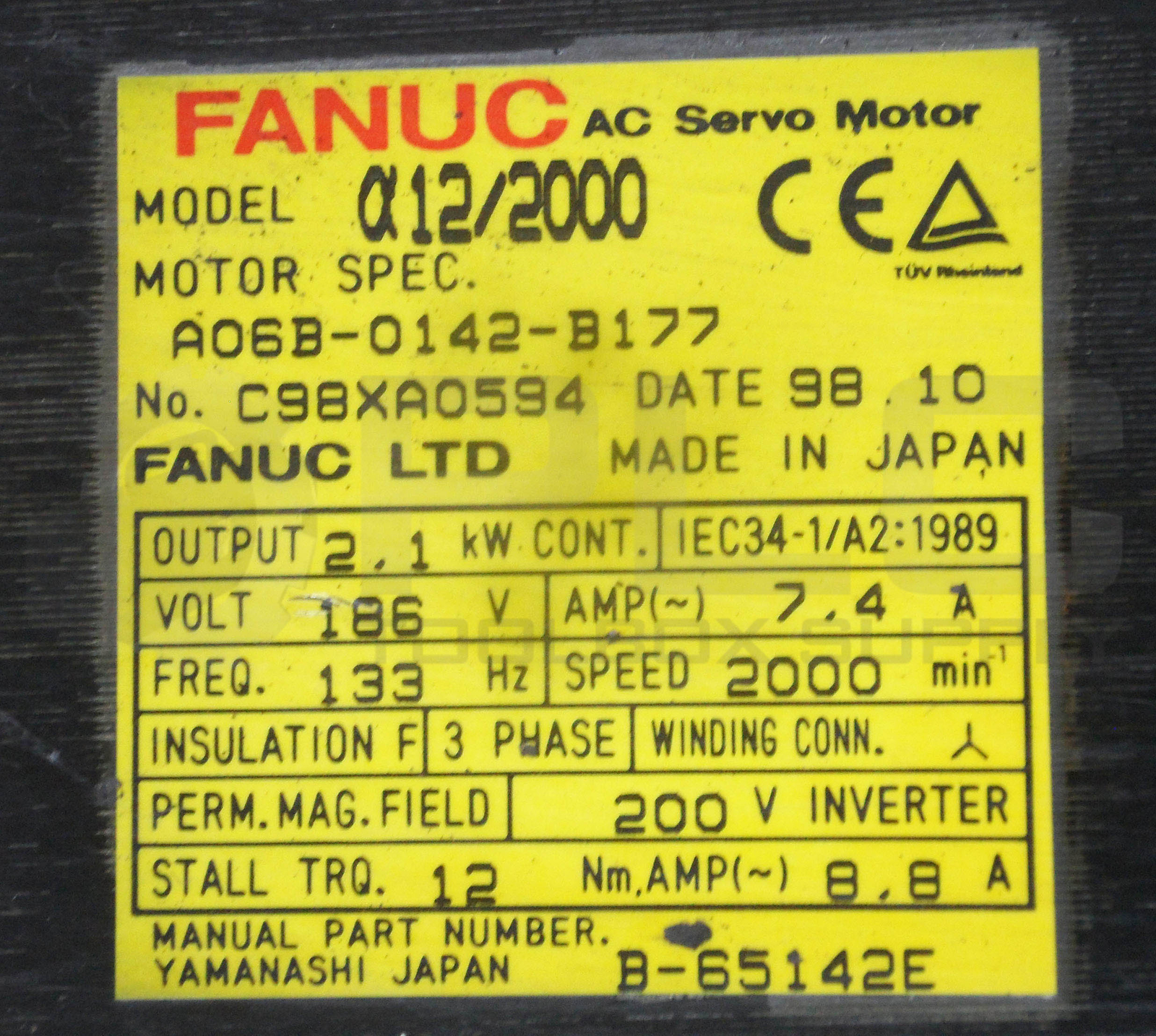 FANUC A06B-0142-B177 SERVO MOTOR C98XA0594 2.1KW 7.4A 186V 133HZ *PARTS ONLY*