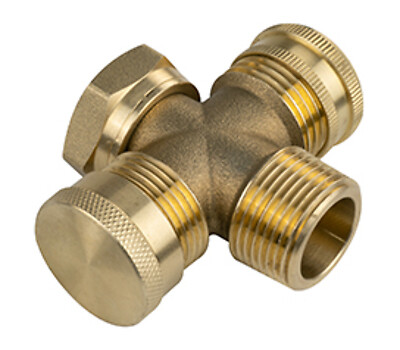3/4″ Brass Water Heater Cross Adapter: Female Swivel x Male x Male with Caps
