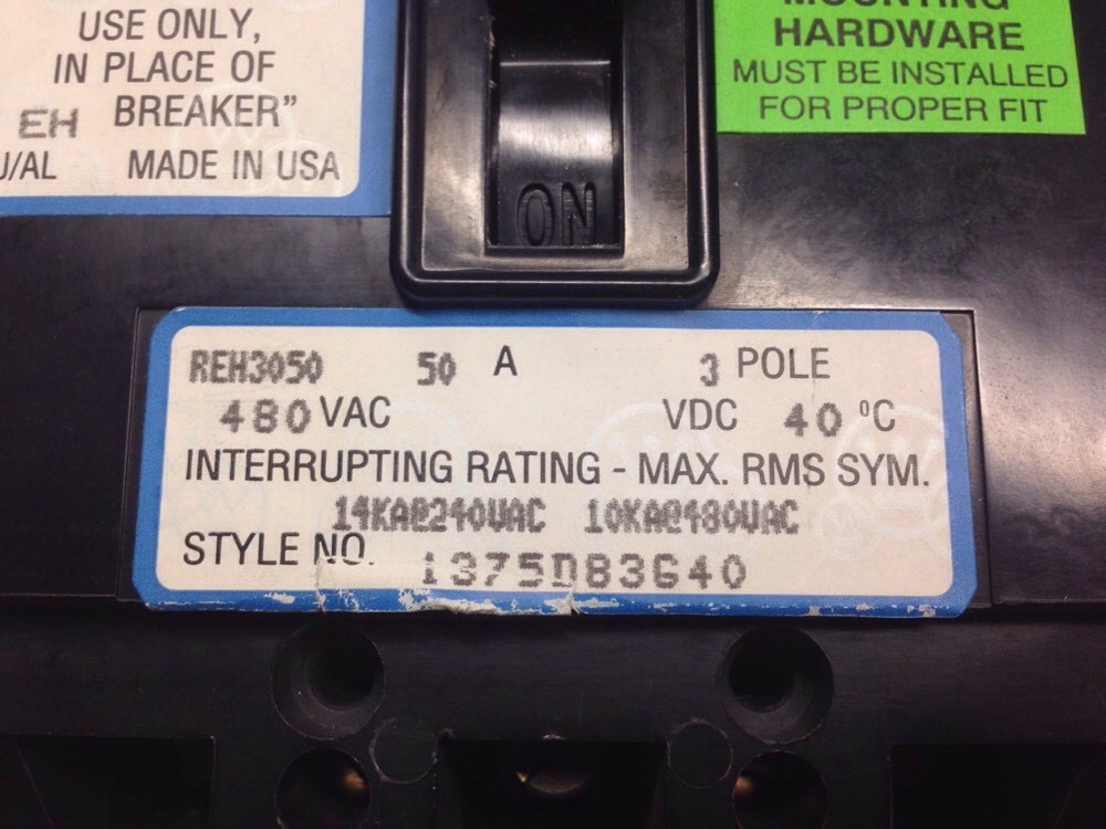 Westinghouse Circuit Breaker 50A, 480V, 3pole, REH3050, SHIPSAMEDAY#131D