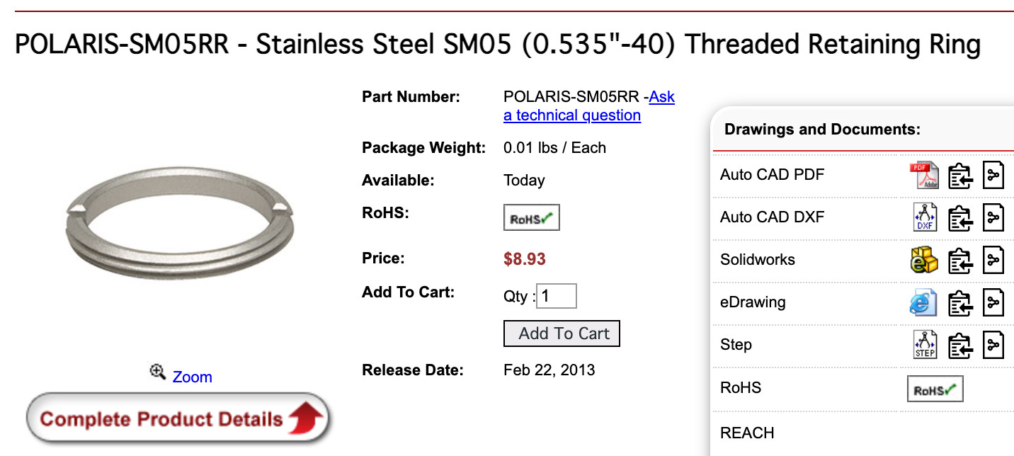 2X Thorlabs Polaris-SM05RR Stainless Steel SM05 (0.535″-40) threaded retain ring