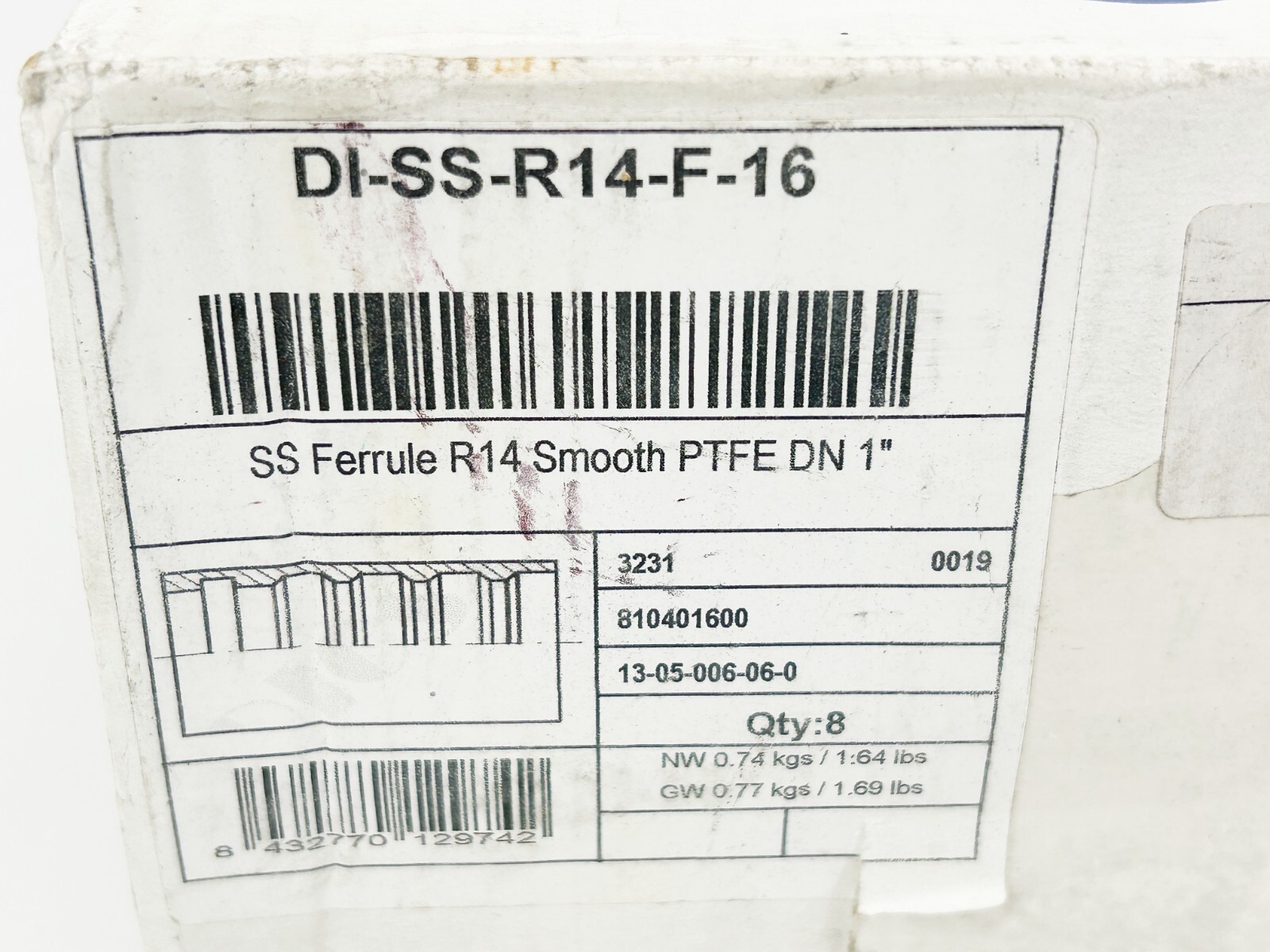 New Box of 8 Dicsa DI-SS-R14-F-16 SS Ferrule R14 Smooth PTFE DN 1″