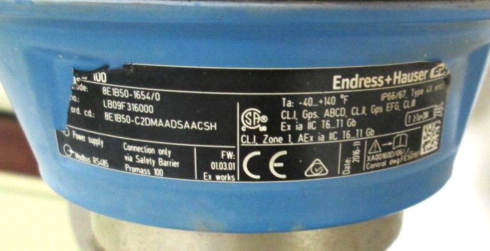 ENDRESS + HAUSER, PROMASS E, 2″ 600#, 316 SST FLANGES, 8E1B50-1654/0, USED