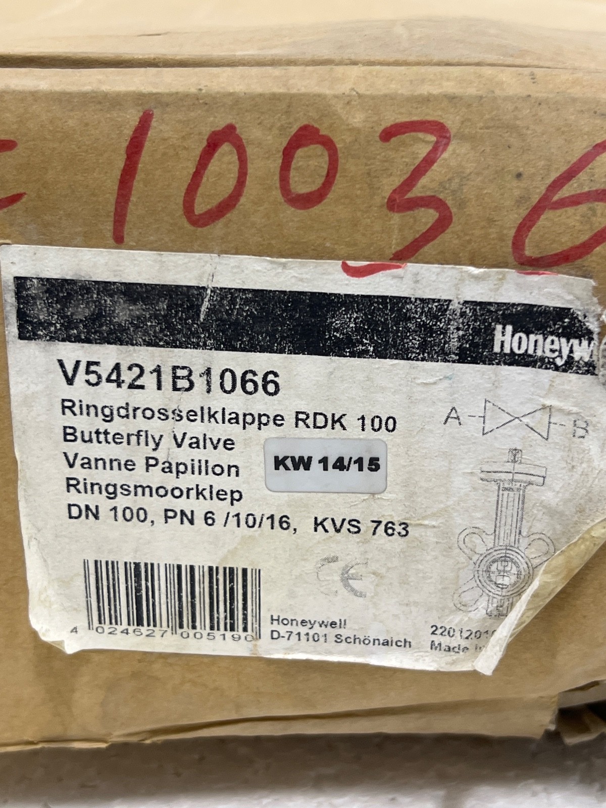 Honeywell V5421B1066 – BUTTERFLY VALVE DN100 KV763 PN6/10/16
