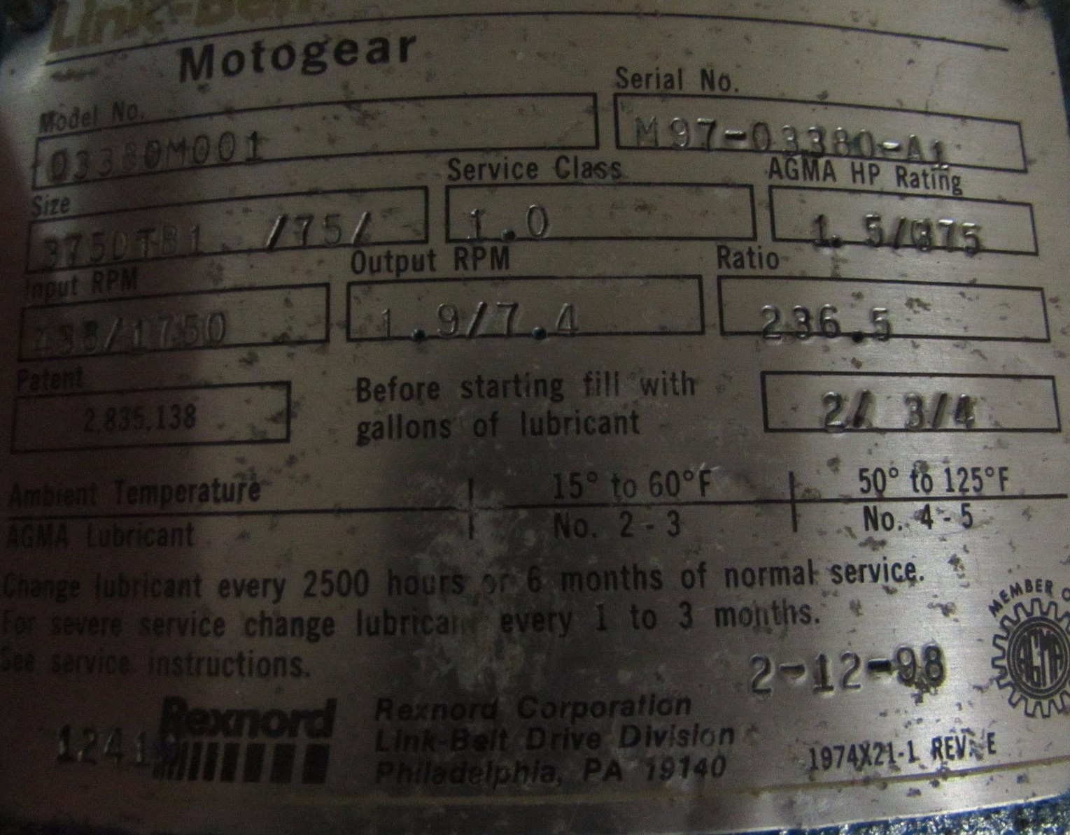 LINK BELT MOTOGEAR 03380M001 MOTOR 1750RPM 1.5 HP 236.5 RATIO **XLNT**