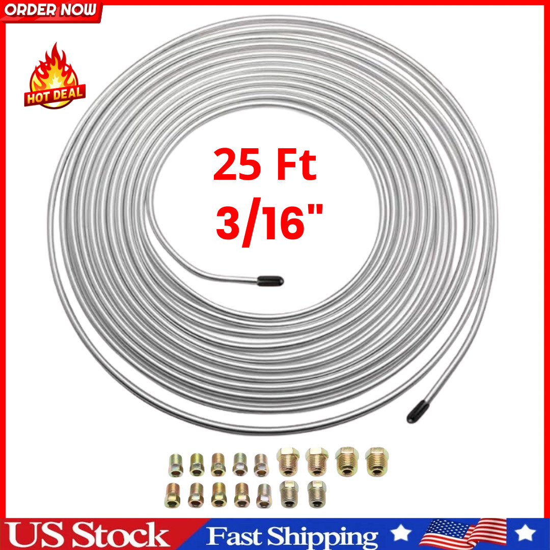 Upgraded 25 Ft 3/16″ Brake Line Tubing Kit, 2025 New Stainless Brake Silver