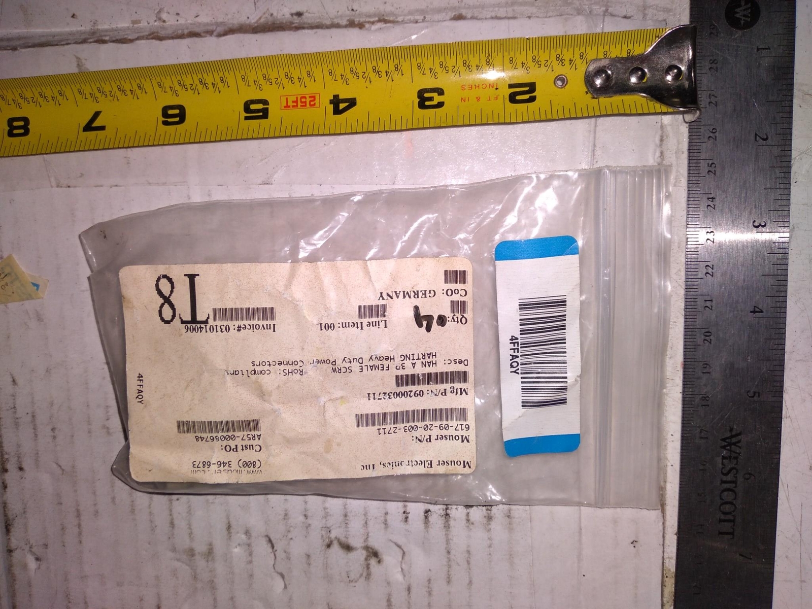 MOUSER ELECTRONICS 617-09-20-003-2711 HAN A 3P FEMALE SCREW 031014006 ‘4 PER BAG