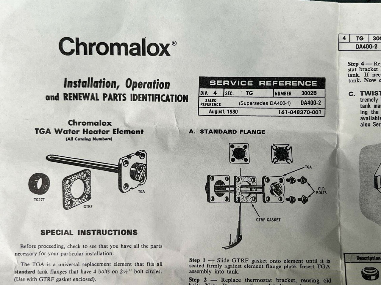 Lot of 2 Chromalox TGA-1107 Water Heater Elements 240V 1000W