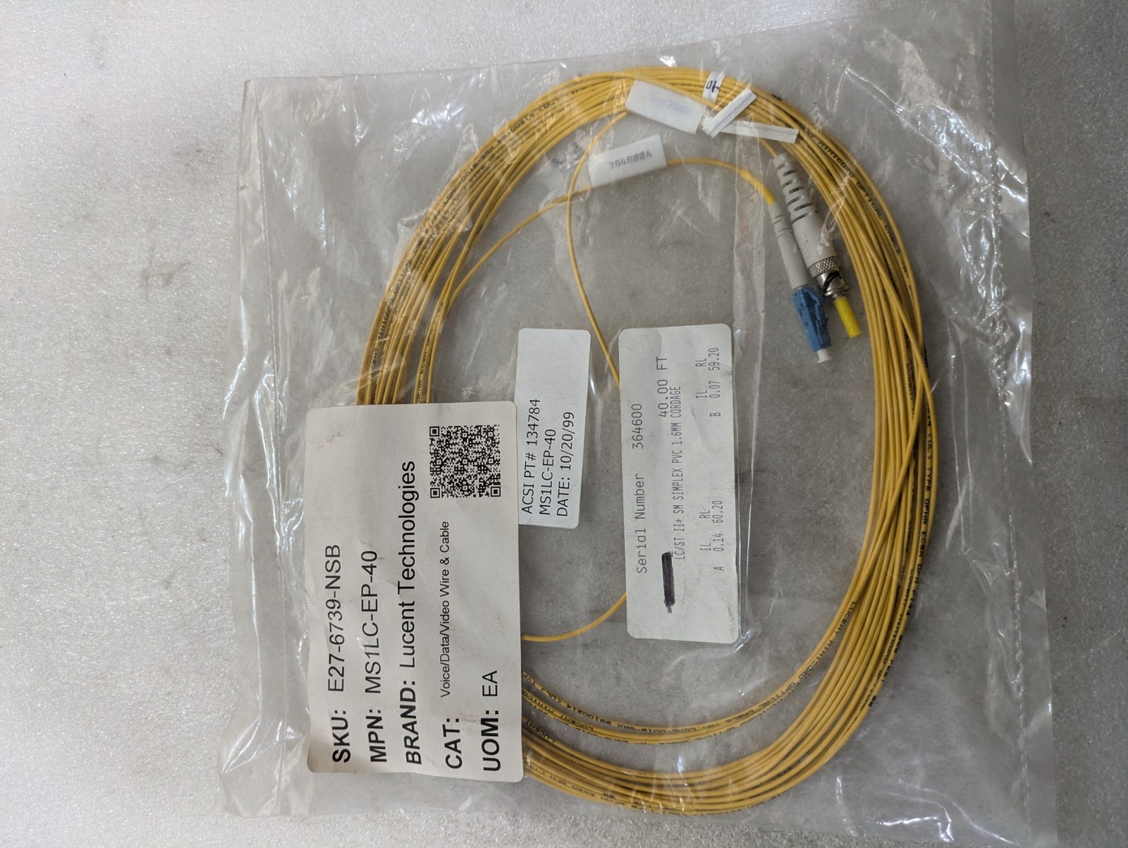 Lucent Technologies MS1LC-EP-40 LC ST SM Simplex 40ft Fiber Optic Patch Cord OEM