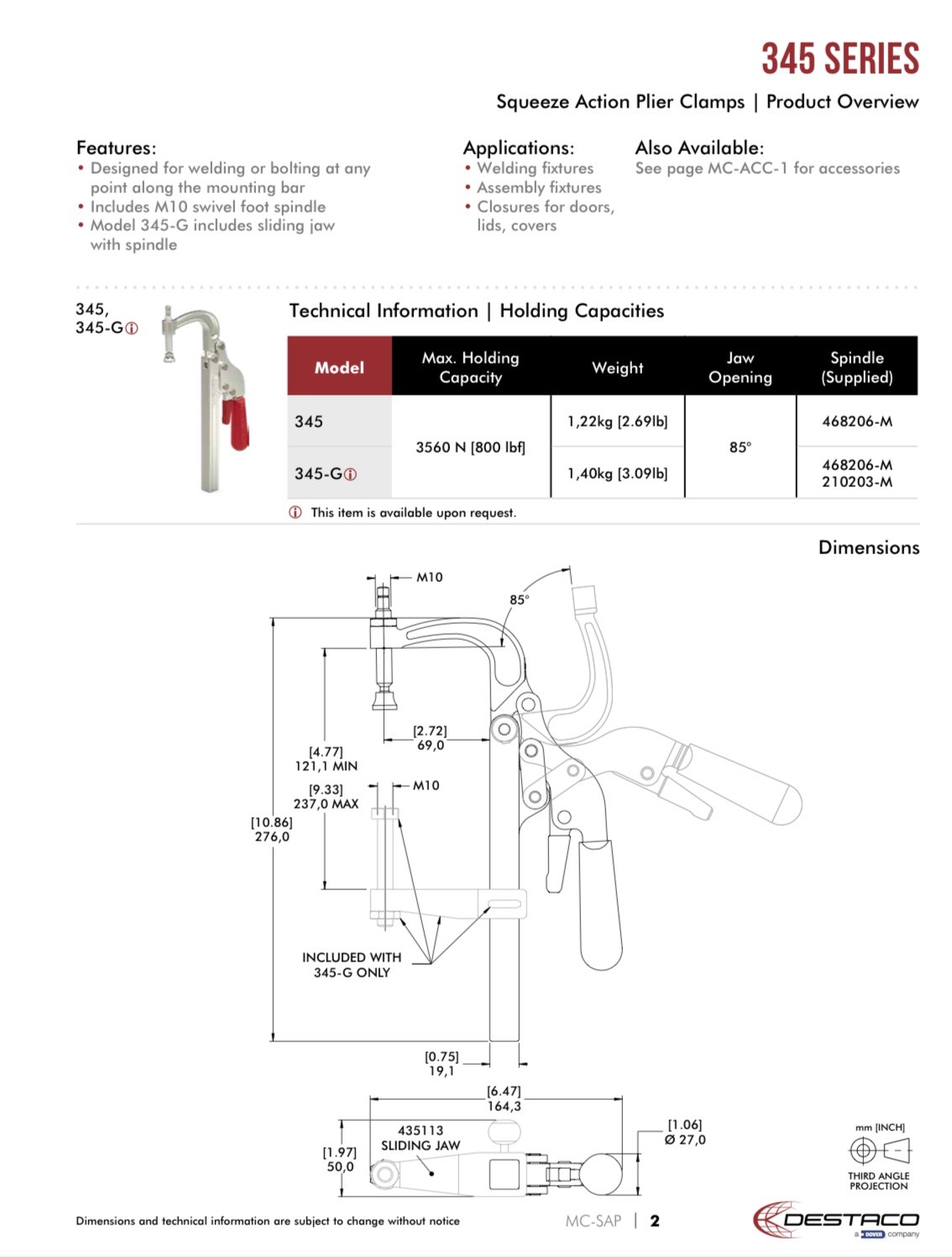 De-Sta-Co 345 Carbon Steel Hold Down Plier Clamp: 10.86″ Overall Length