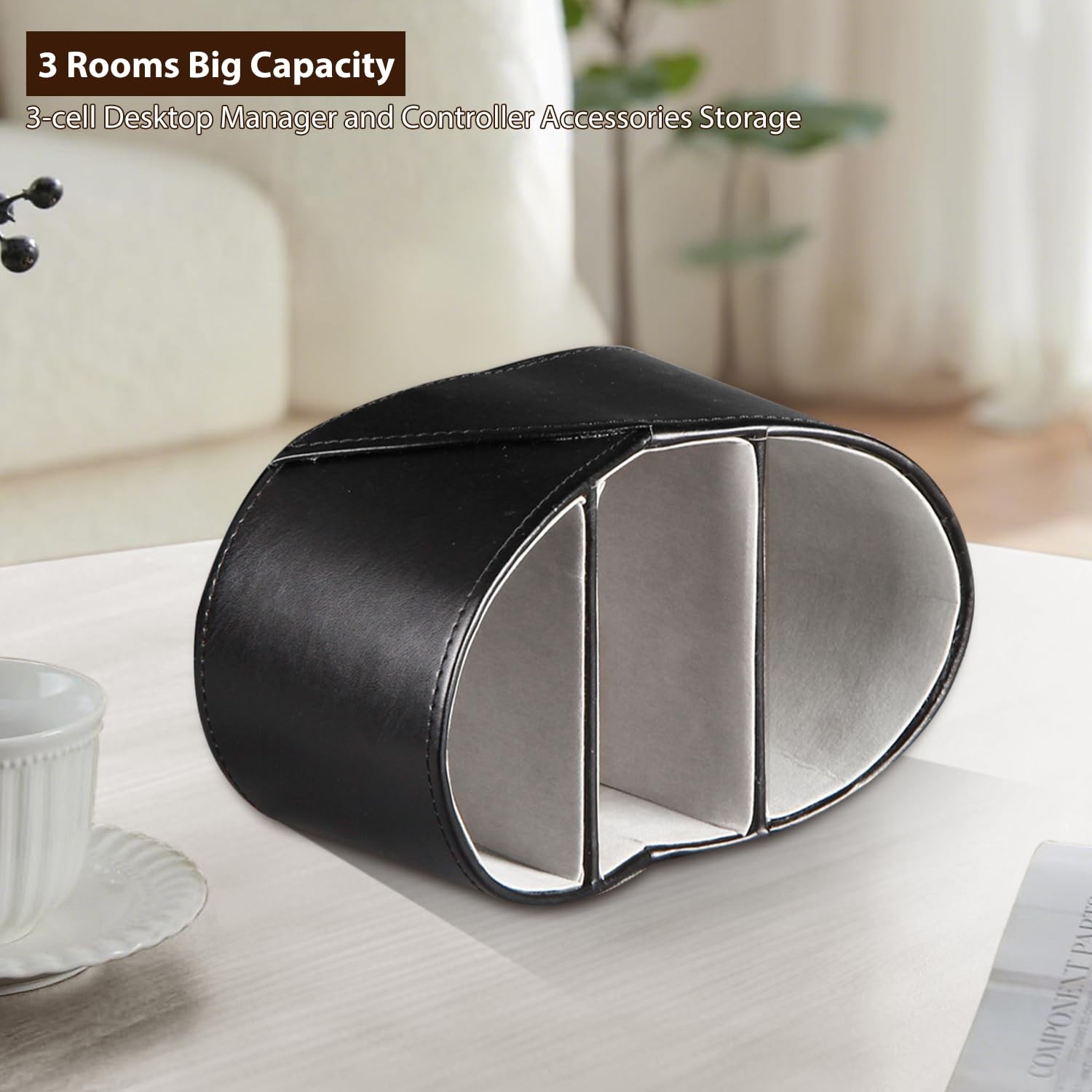 PU Leather TV Remote Control Holder with 3 Compartments, Bedside Table Black