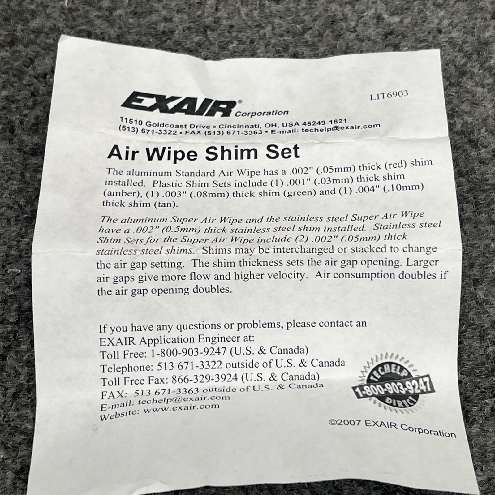 Exair Corp Model 2350SS 1/2″ St. St. Super Air Wipe Shim Set New