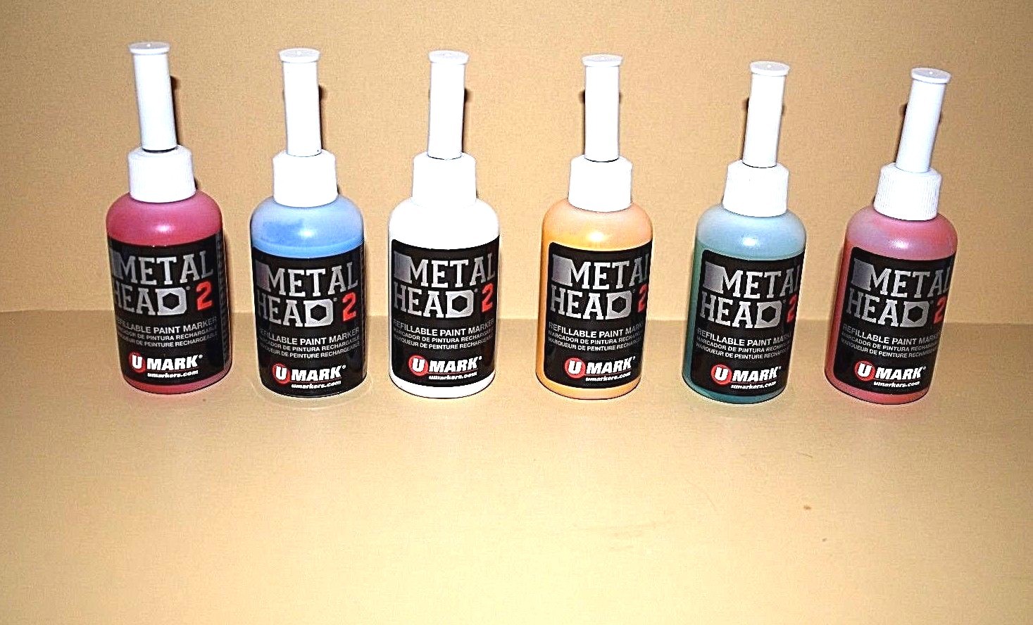6 Metal Head2 Paint Marker 2 Oz Metal Marking Green Yellow Red Blue White Orange
