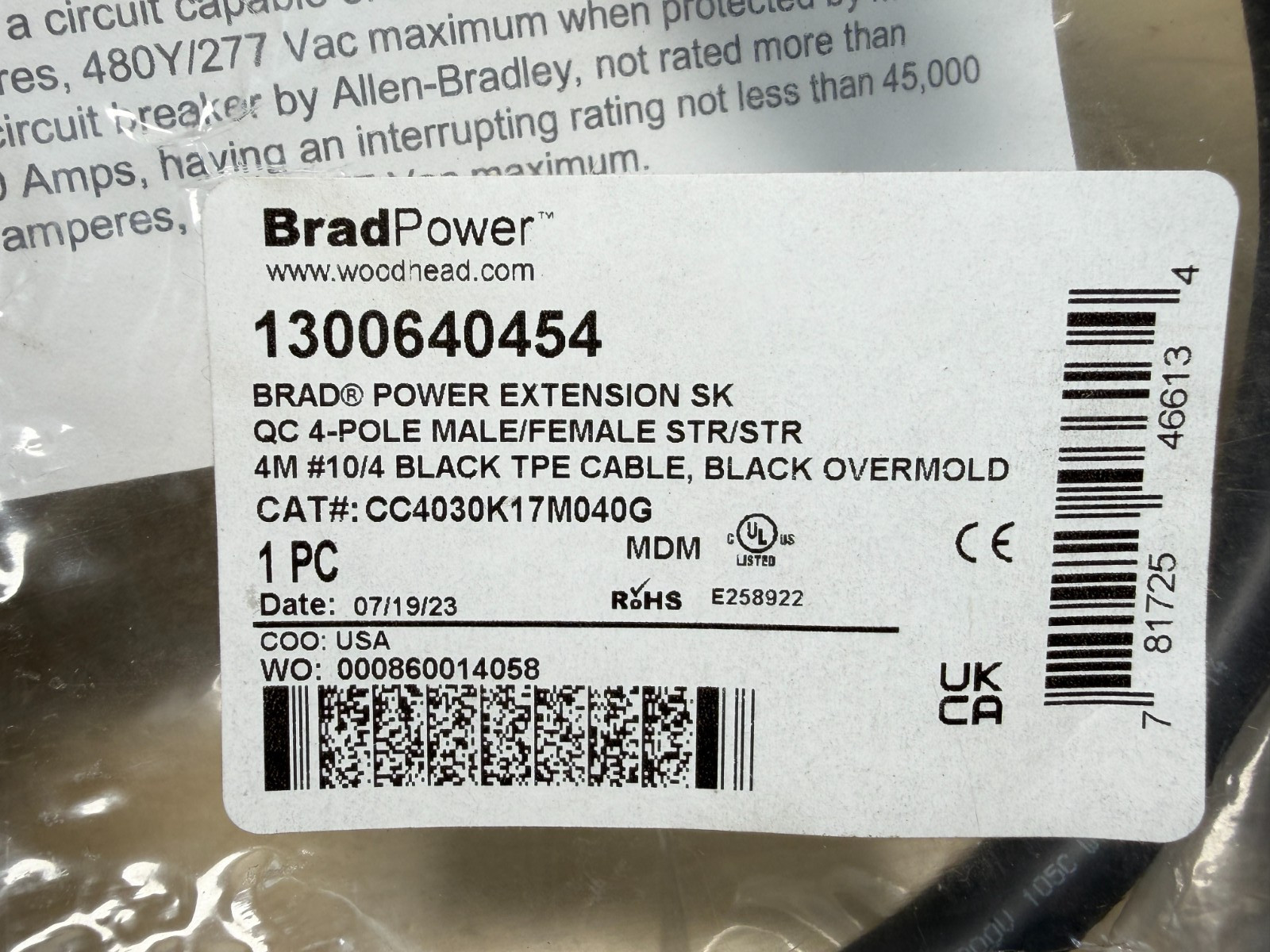 Woodhead CC4030K17M040G Brad Power SK QC 4-Pole Cable, 4M, 10/4 1300640454