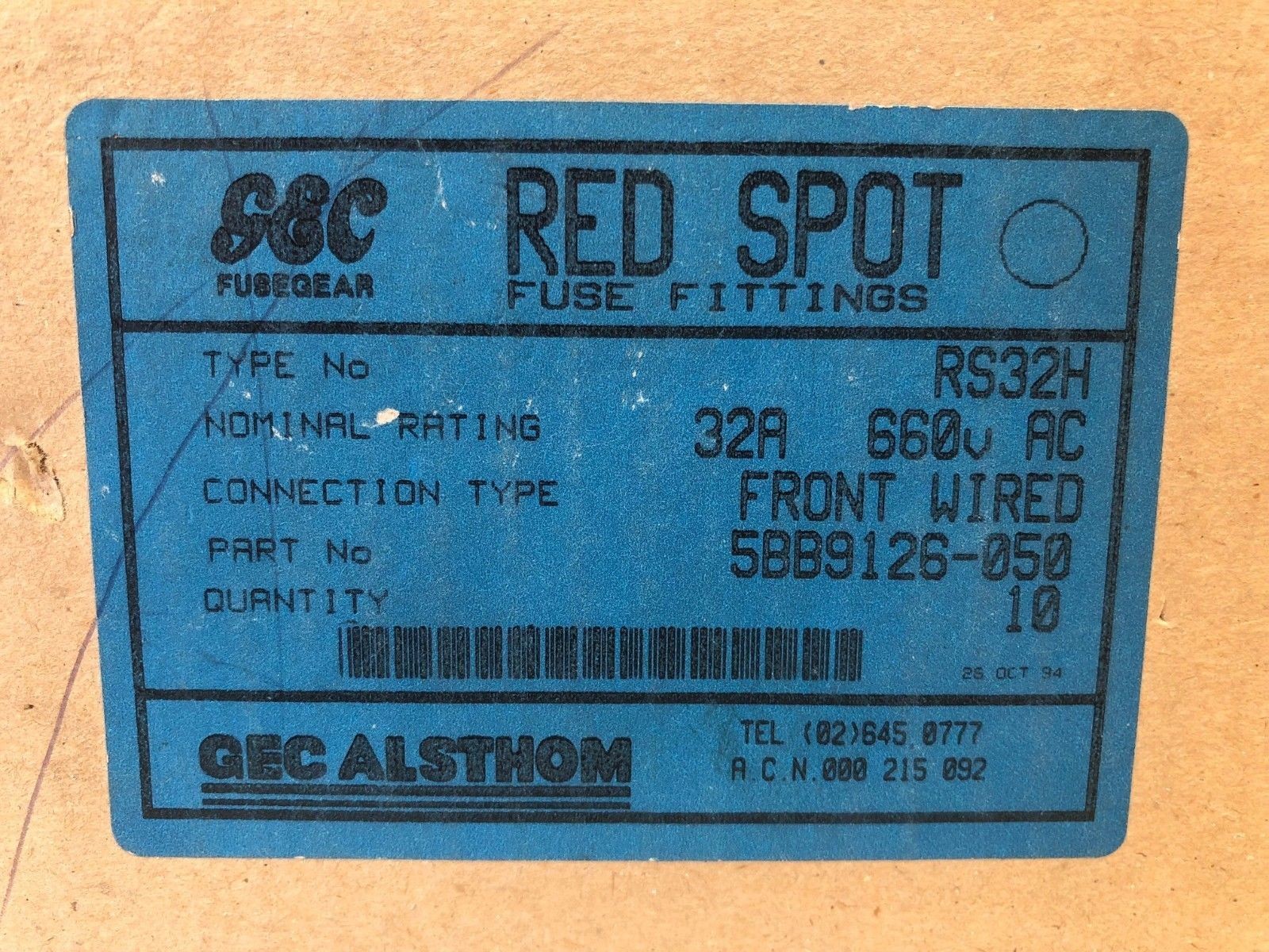 GEC ALSTHOM RS32H Red Spot Fuse Carrier for BS88 Fuses 32A 660VAC x10