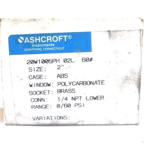 NIB ASHCROFT 20W1005PH 02L 60# PRESSURE GAUGE 0-60PSI, 1/4 NPT LOWER