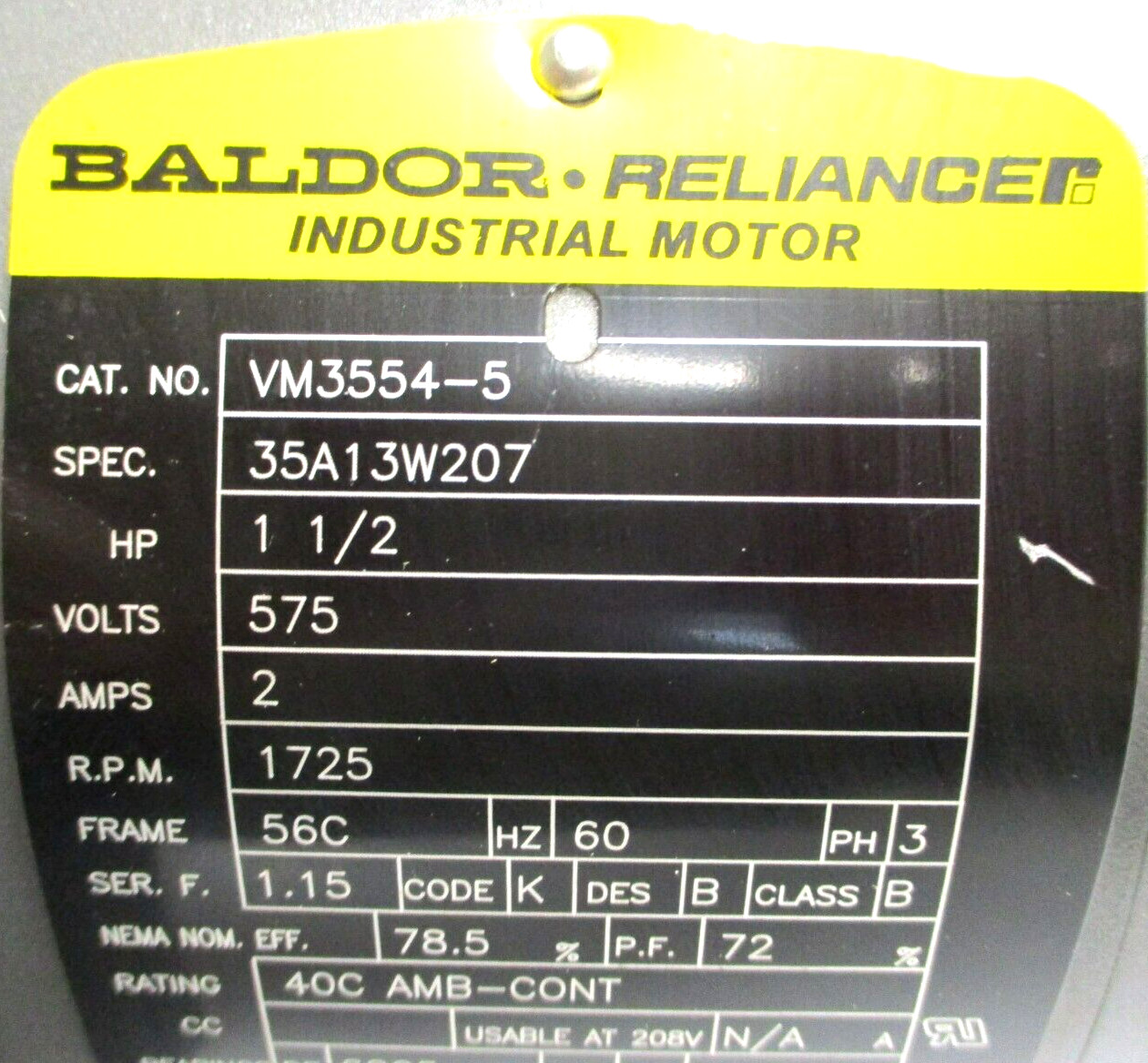 BALDOR RELIANCE ELECTRIC MOTOR, VM3554-5 , 1.5-HP , CLEAN-USED