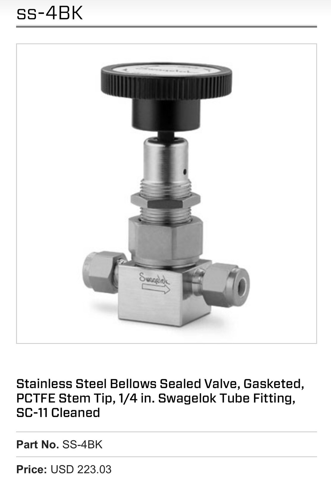 Swagelok Bellow Seal Valve 1/4″ Tube, SS-4BK, SS4BK, Shipsameday#1654B