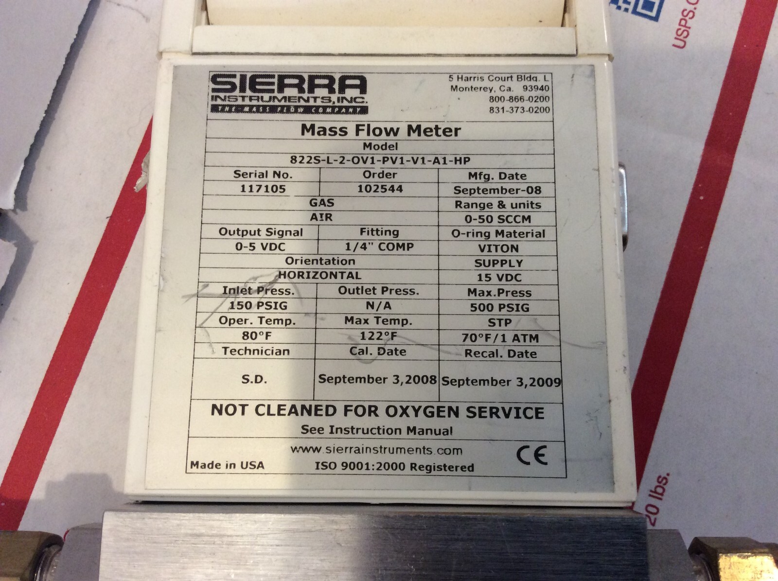 Sierra Instruments TopTrak Mass Flow Meter 822S-L-2-OV1-PV1-V1-A1-HP
