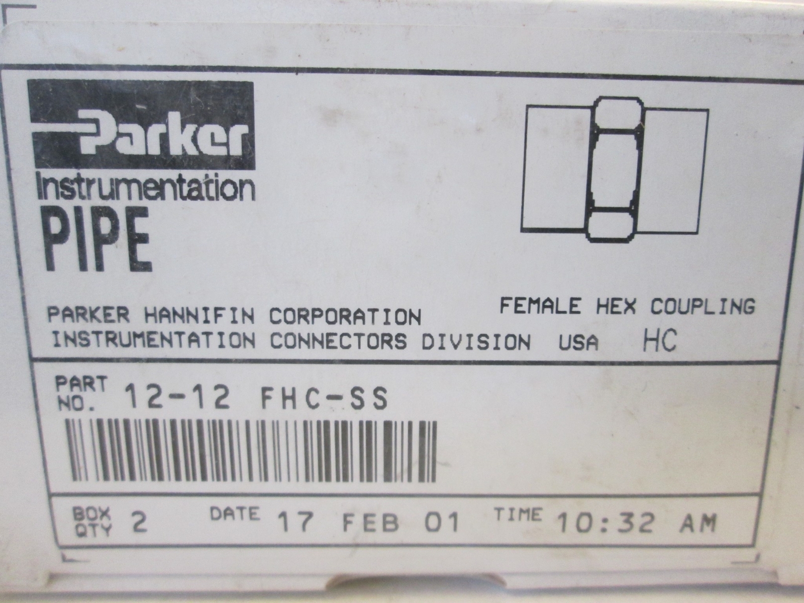 Parker, 12-12 FHC-SS, Female Hex Coupling Box of 2, New, Original Packaging