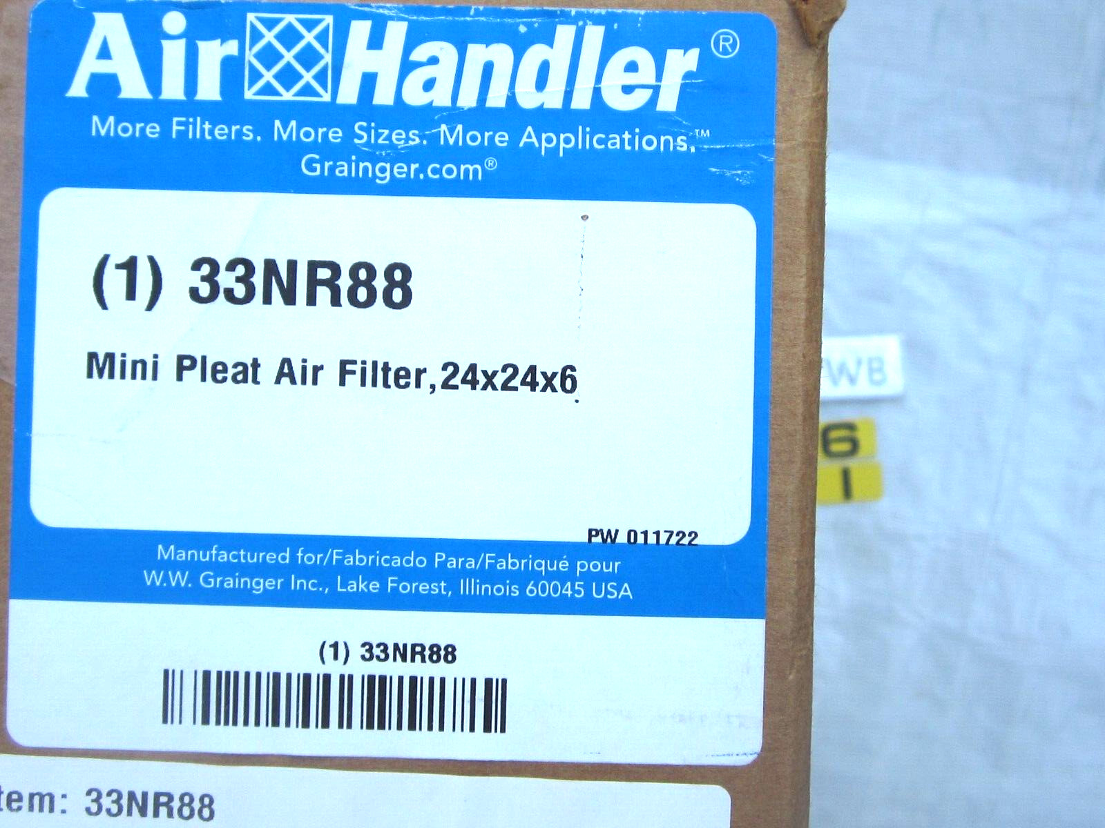 AIR HANDLER 33NR88 MINI PLEAT AIR FILTER 24X24X6 , NOS