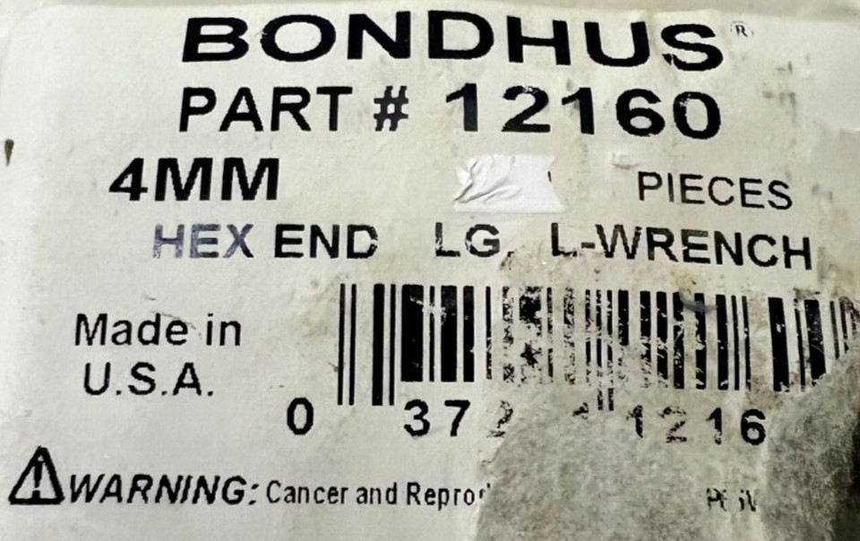 BONDHUS HEX L-WRENCH 4MM L-WRENCH SEE DESCRIPTION FOR MORE INFO