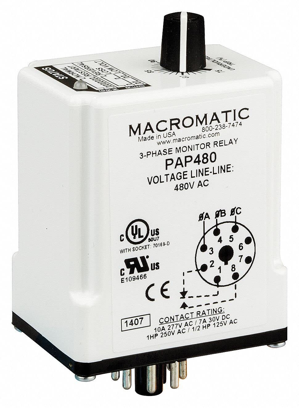 3 Phase Monitor Relay Spdt 240Vac 8 Pin