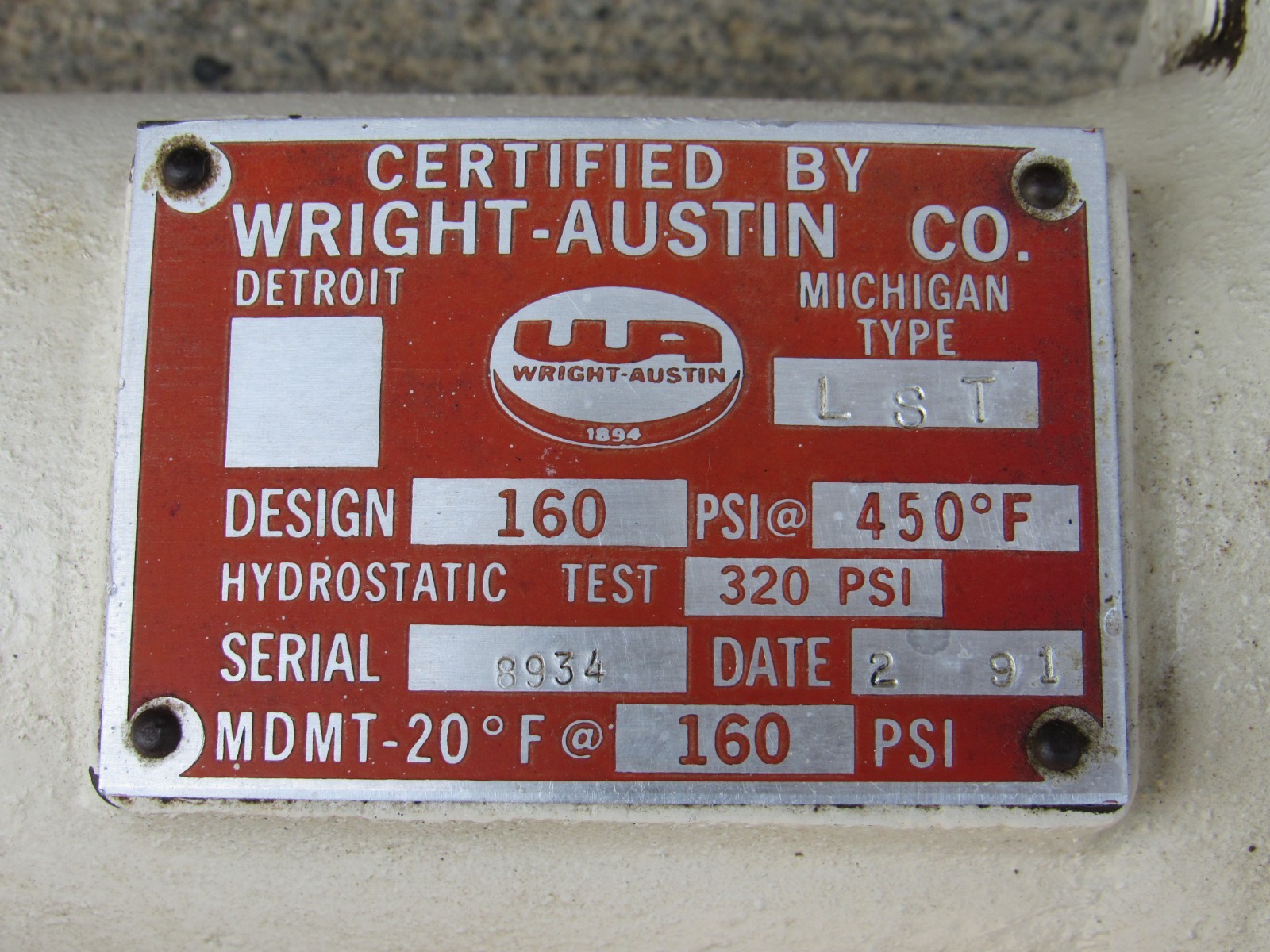 Wright Austin LST separator water oil steam compressed air lines 160 PSI 450 F