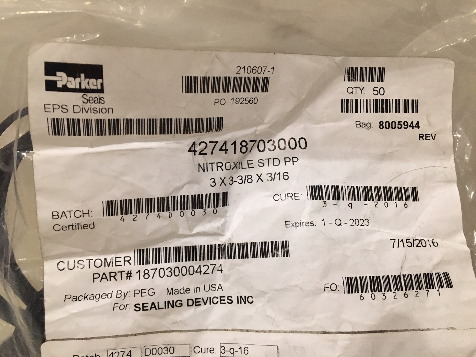 Lot of 50 Parker 427418703000 Nitroxile 3 x 3-3/8 x 3/16 Seals