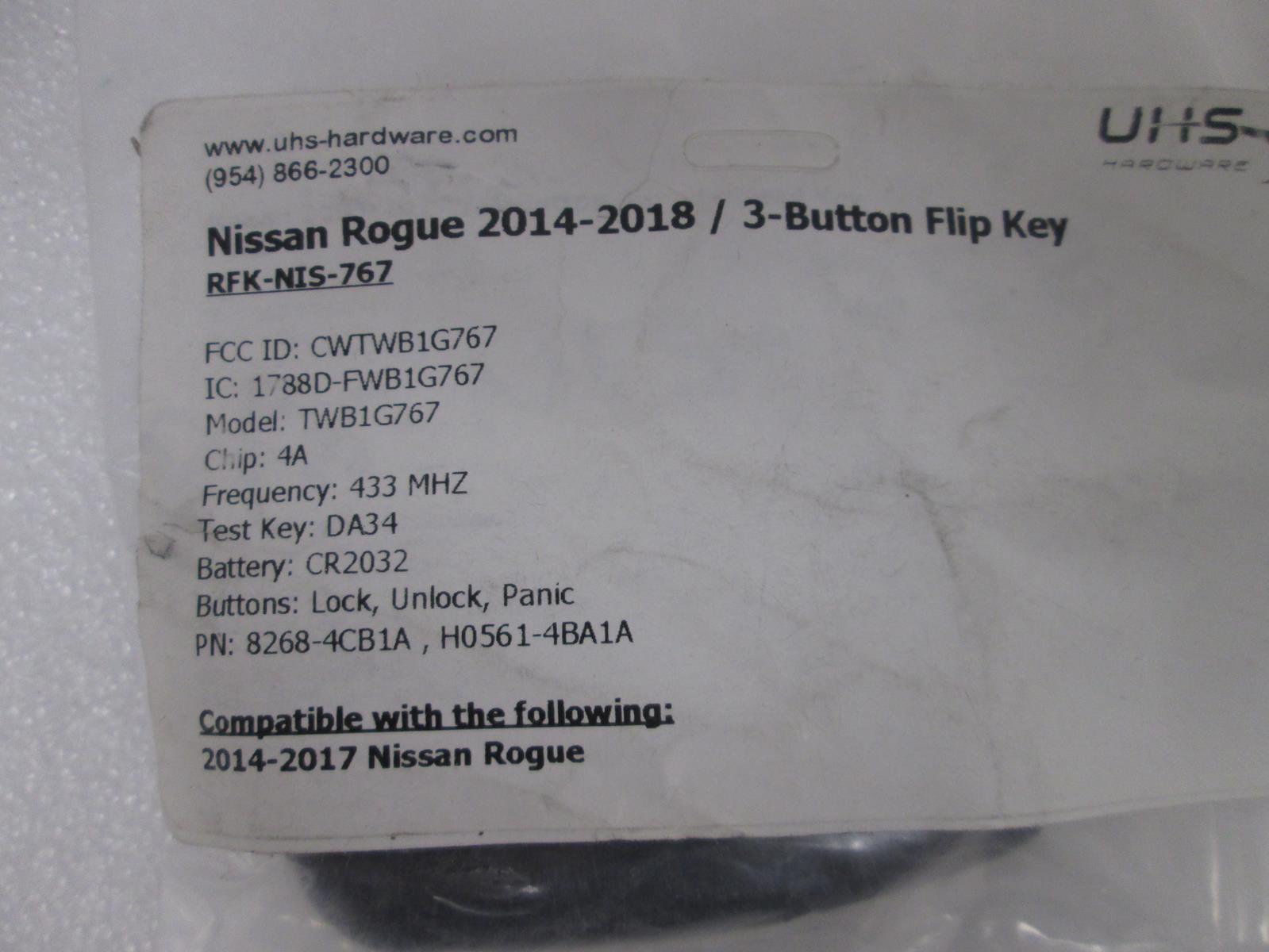 UHS HARDWARE RFK-NIS-767 NISSAN ROGUE 2014-2018 3-BUTTON FLIP KEY