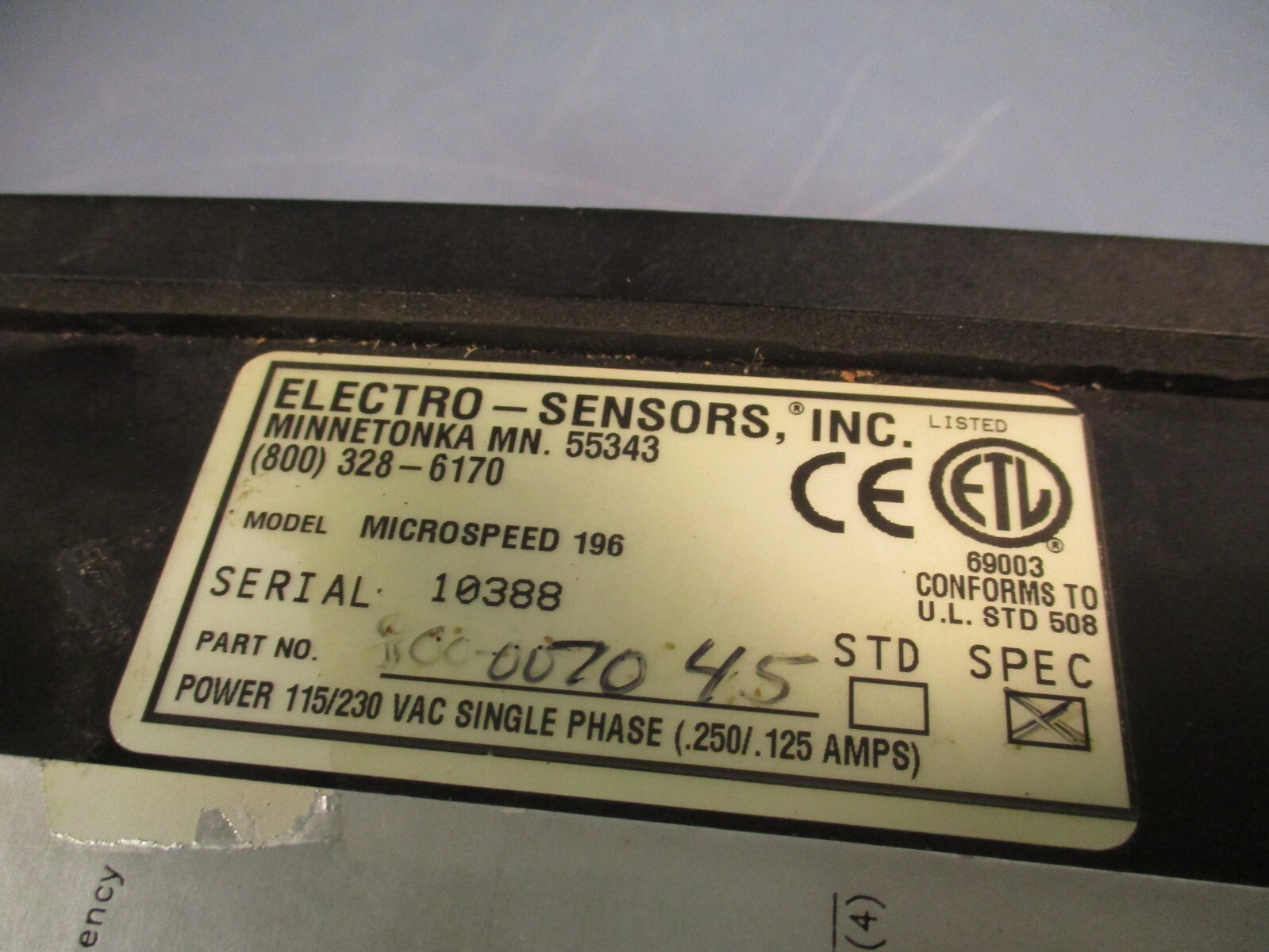 ELECTRO-SENSORS Microspeed Model# 196 Speed Controller 1PH P/N 800-007045