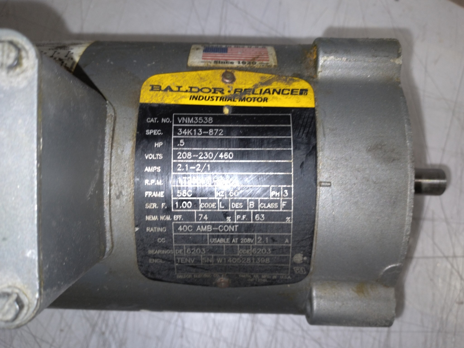 BALDOR RELIANCE INDUSTRIAL MOTORS VNM3538 208-230/460 VOLTS 2.1-2/1 APMS