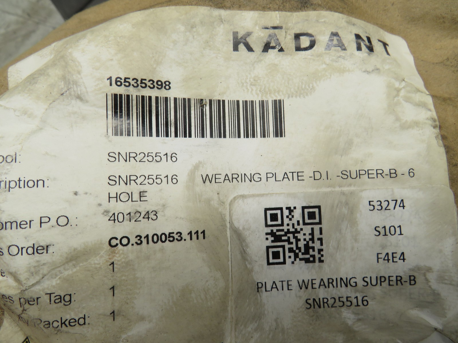 Kadant SNR25516 Wearing Plate Super B 6 Hole