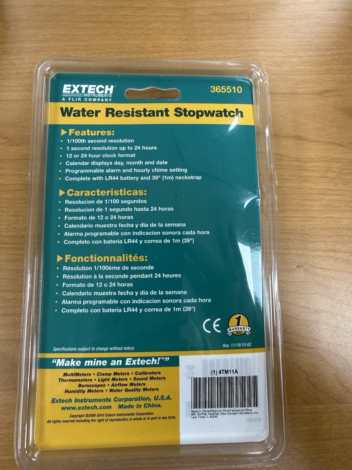 Extech 365510 Water Resistant Yellow Stopwatch with Timer & Clock NOS