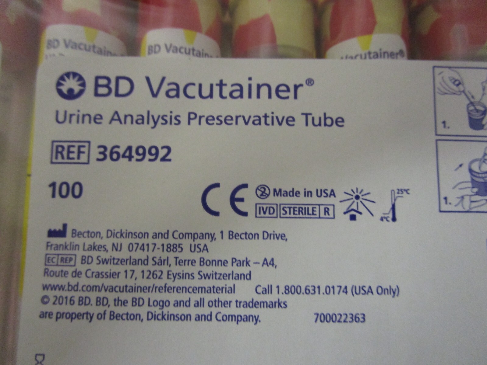 BD Vacutainer REF 364992 8mL Urine Analysis Preservative Tube 100 Pack EX10/2025