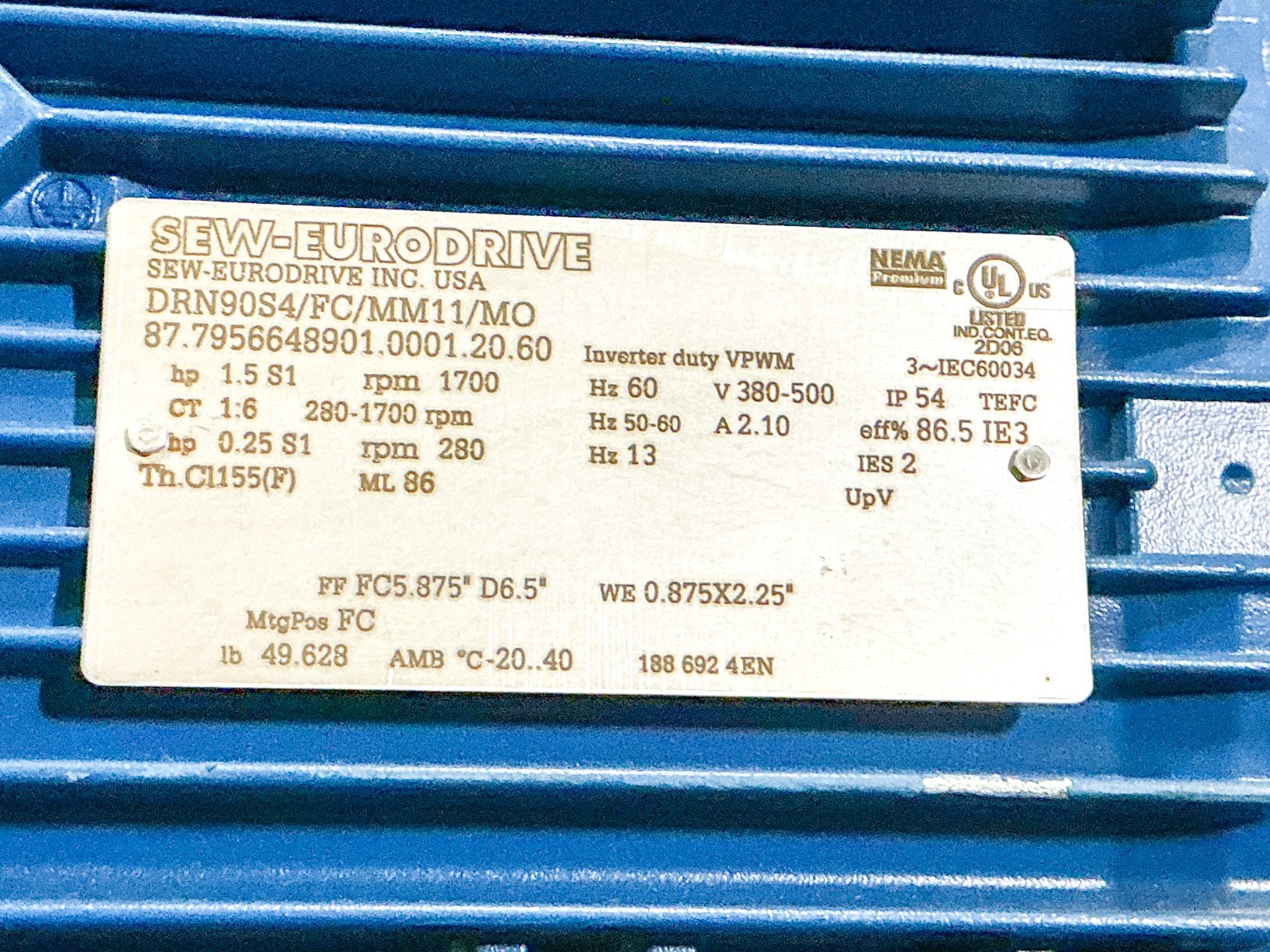 New Sew EuroDrive DRN90S4/FC/MM11/MO Electric Motor 1.5HP 500V 1700RPM 3PH