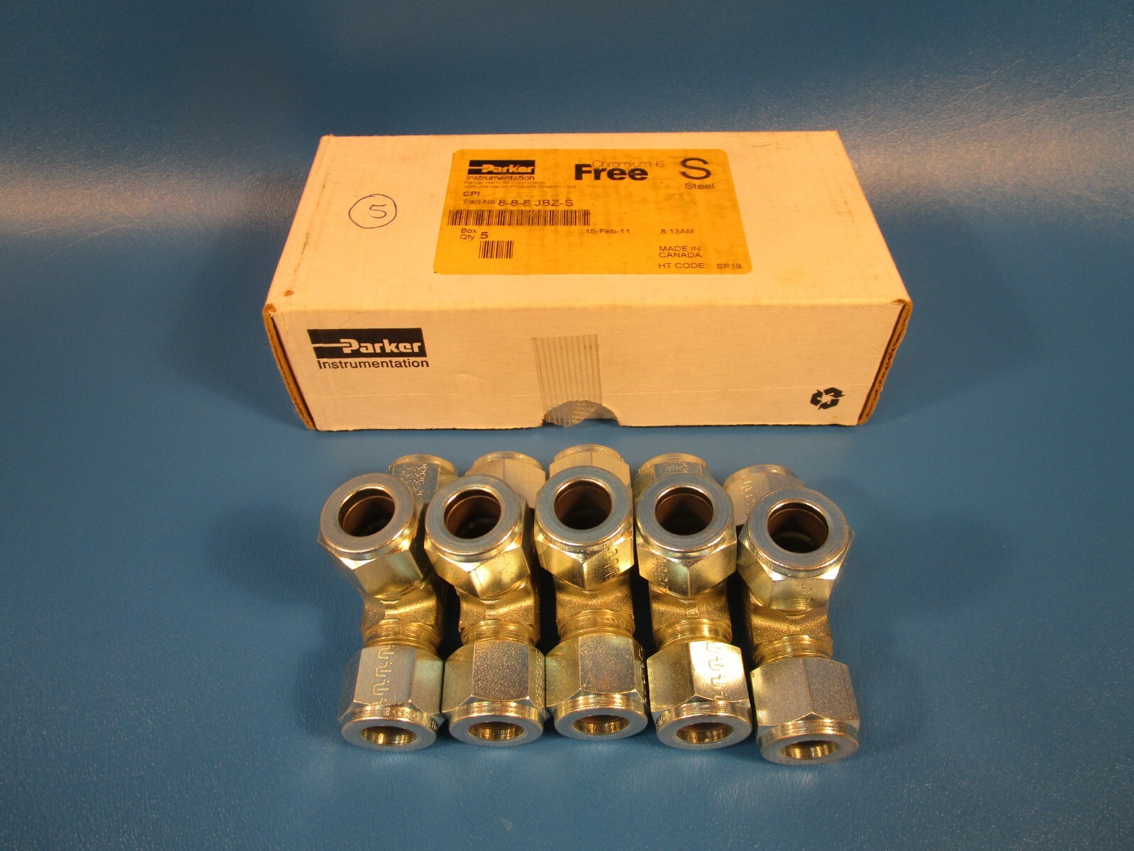 BOX OF 5 PARKER 8-8-8 JBZ-S, Tee Union, 1/2″ X 1/2″ X 1/2″ Tube, Single Ferrule