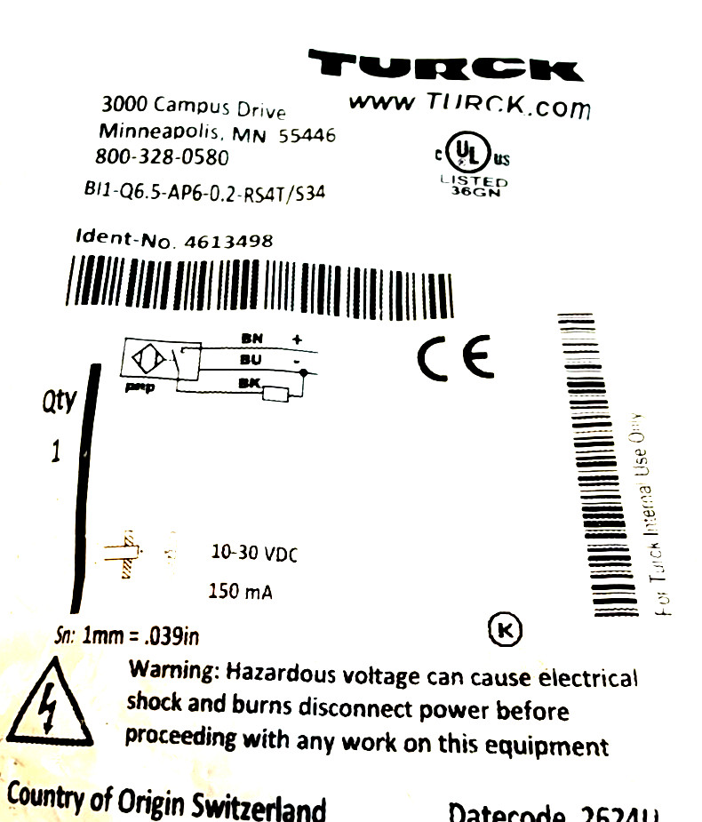 NEW TURCK BI1-Q6.5-AP6-0.2-RS4T/S34 SENSOR 4613498 BI1Q65AP602RS4TS34