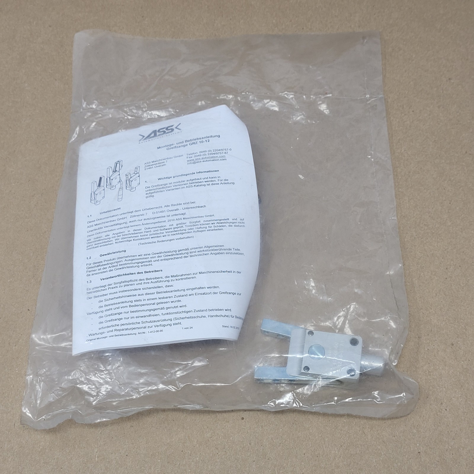 ASS Automation 1-412-09-00 Sprue Gripper, B-15443-G, GRZ 10-12A1 – NEW