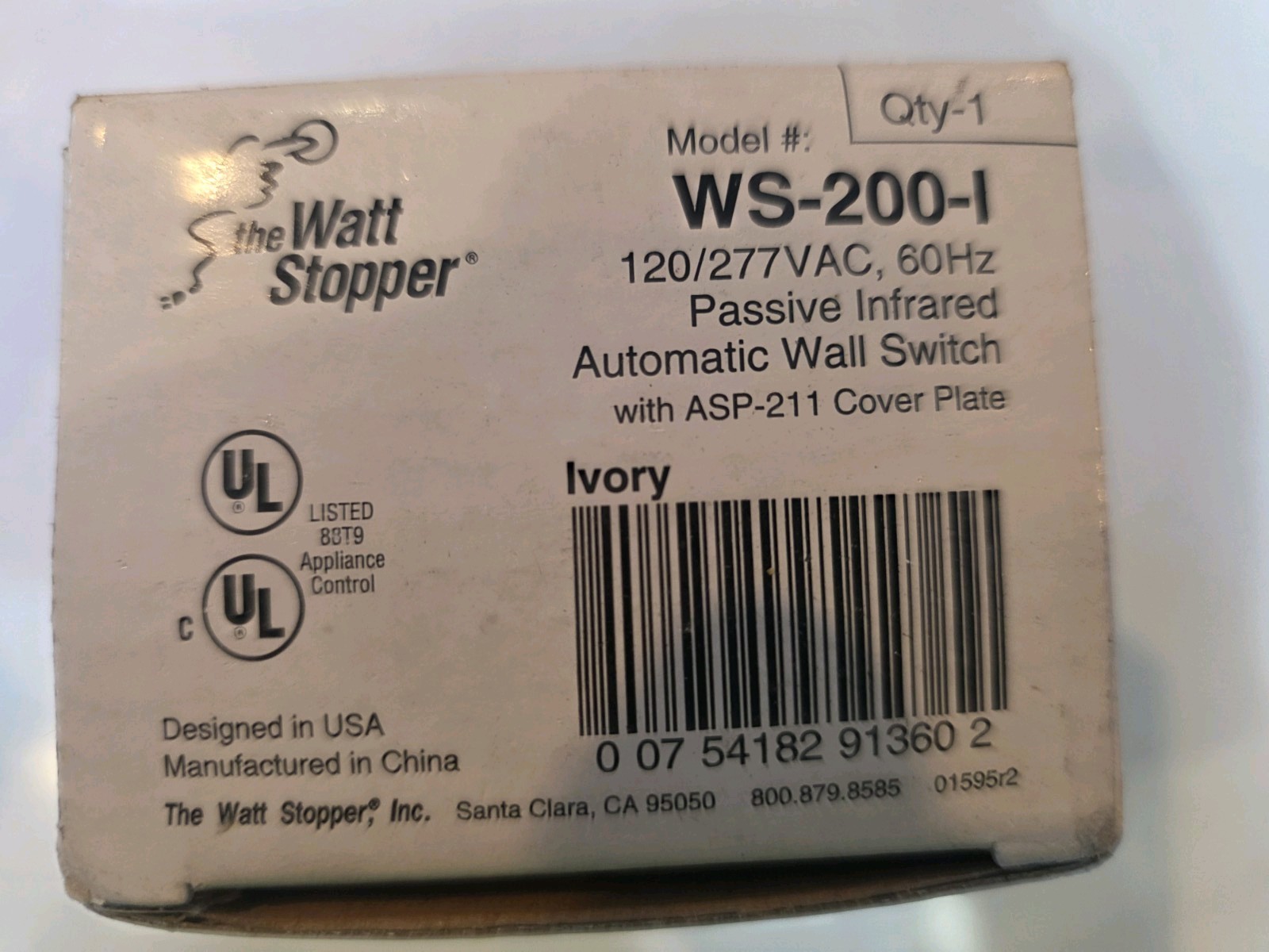 Watt Stopper WS-200-I Automated Wall Switch 120-277 VAC 60 Hz Ivory