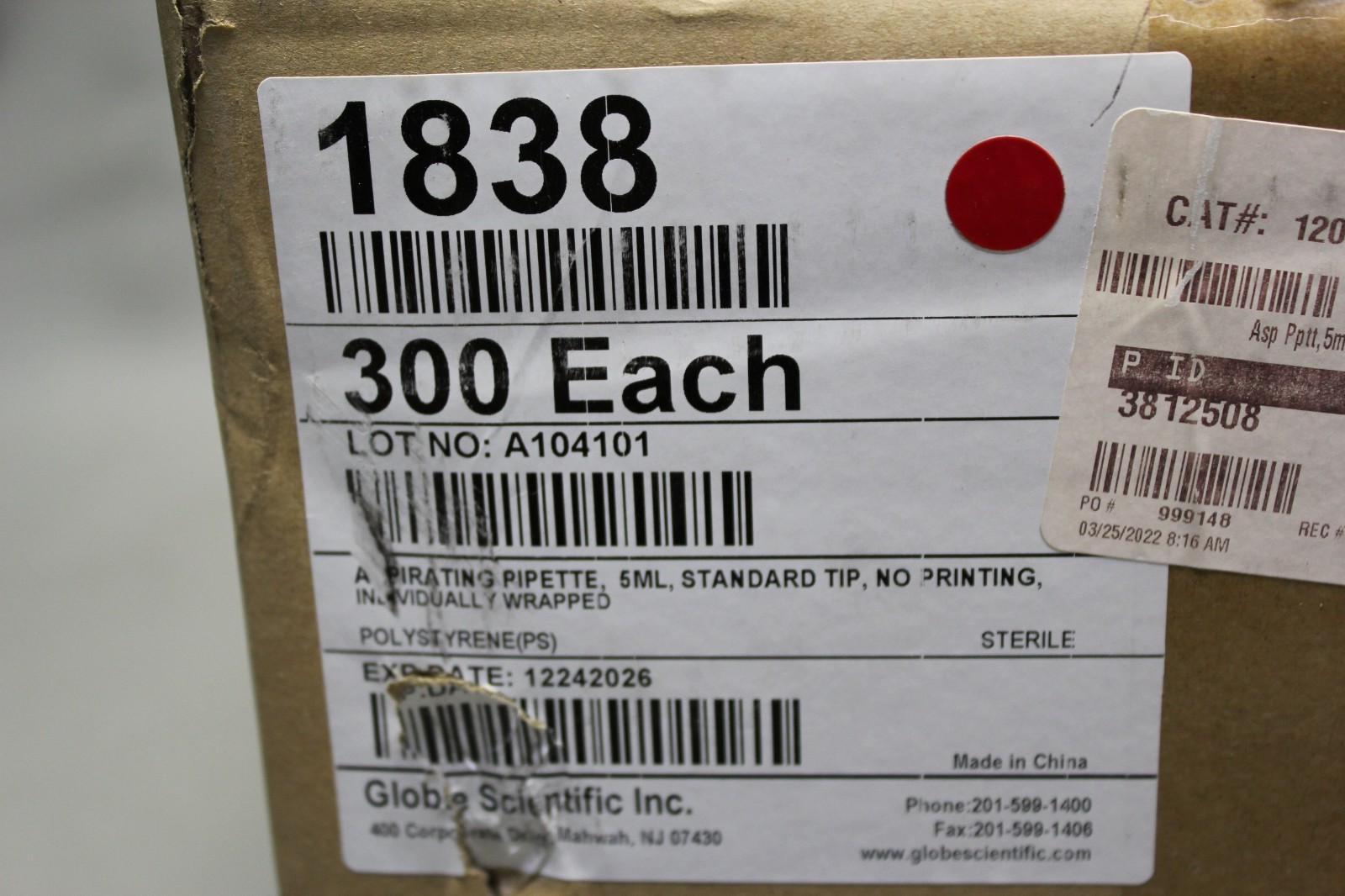 NEW CASE OF 300 GLOBE SCIENTIFIC 5mL ASPIRATING POLYSTYRENE PIPETTE 1838