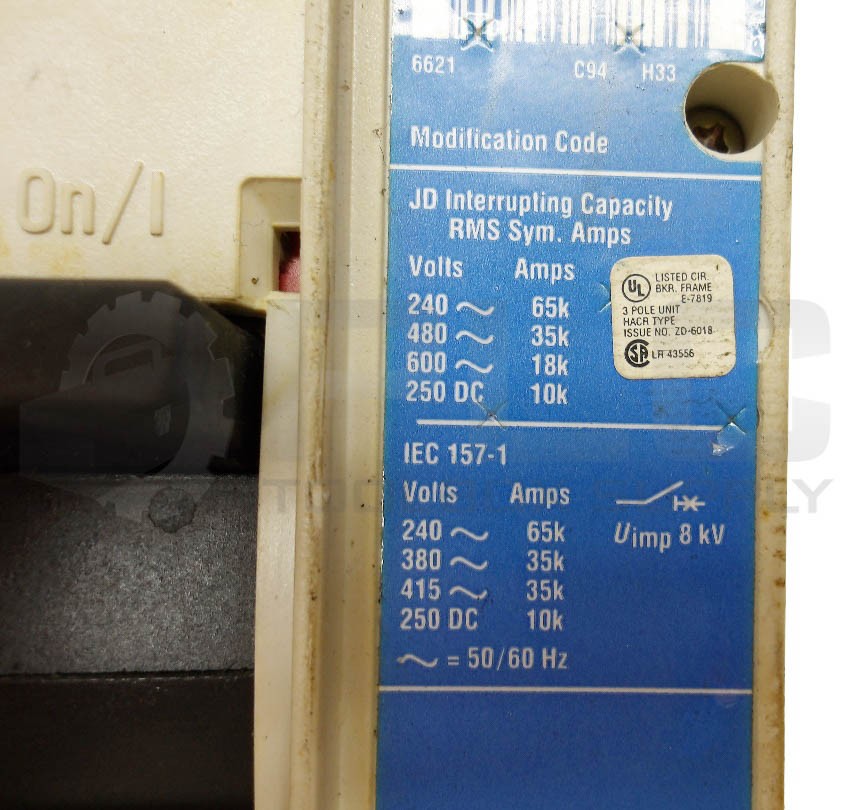 CUTLER HAMMER JD3250F /C CIRCUIT BREAKER 250A 3 POLE 600VAC JD 35K