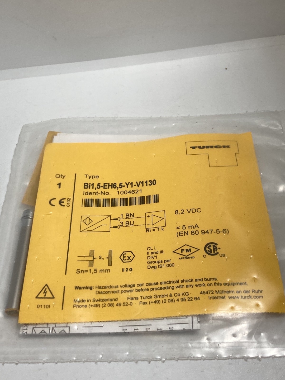 TURCK BI1,5-EH6,5-Y1-V1130 INDUCTIVE SENSOR 1004621 8.2VDC 5MA 1.5MM SN NIB