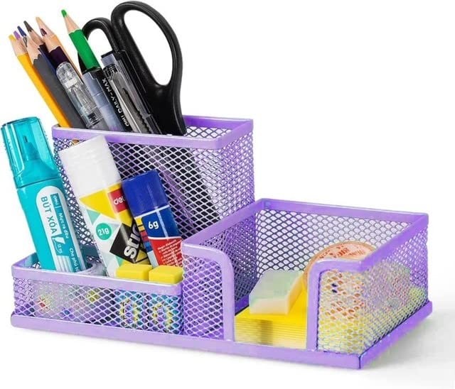 PURPLE Metal Mesh 3 Compartment Desk Organizer Pencil 3 Compartment, Purple