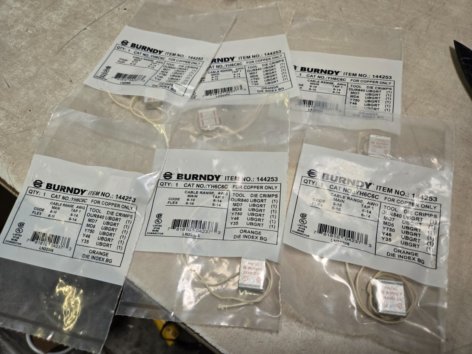Lot of 6 ~ Burndy YH6C6C ~ Wire Connector ~ 144253 ~ Still sealed!