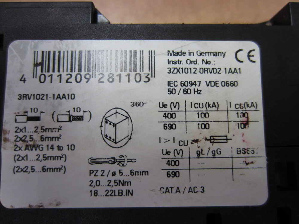 Siemens 3RV1-021-1AA10 Relay 3RV10211AA10 G/990830 E02