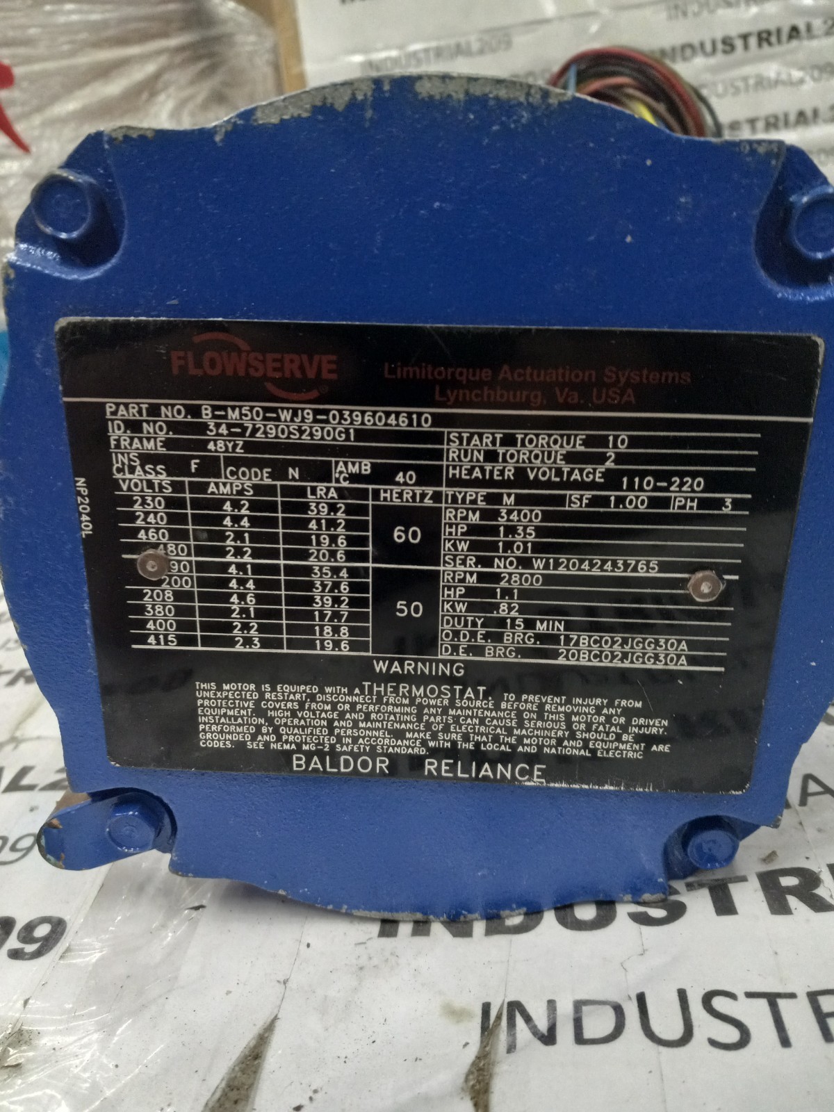 BALDOR RELIANCE FLOWSERVE LIMITORQUE MOTOR B-M50-WJ9-039604610 TYPE M 1.35HP